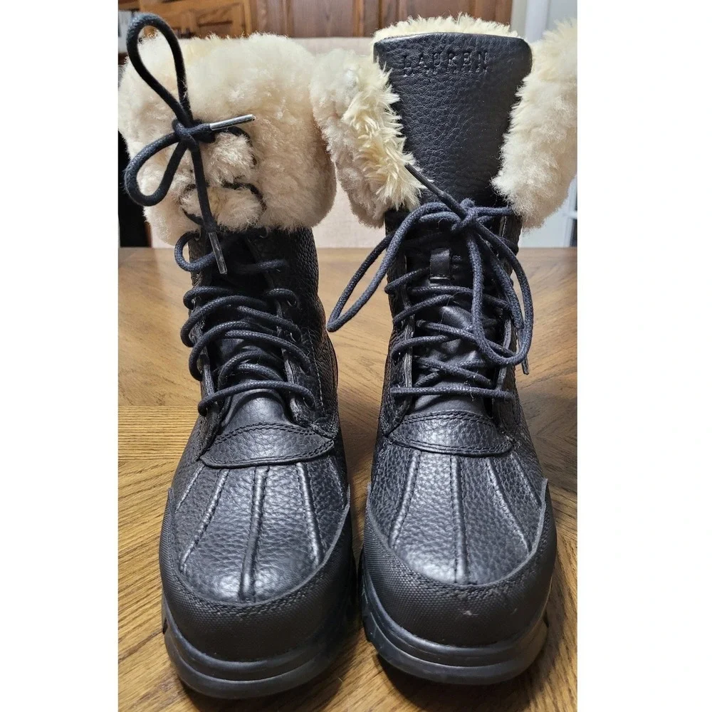 Lauren Ralph Lauren Quinta Black Leather Faux Fur Lined Duck Boots 6.5B 0862 G10